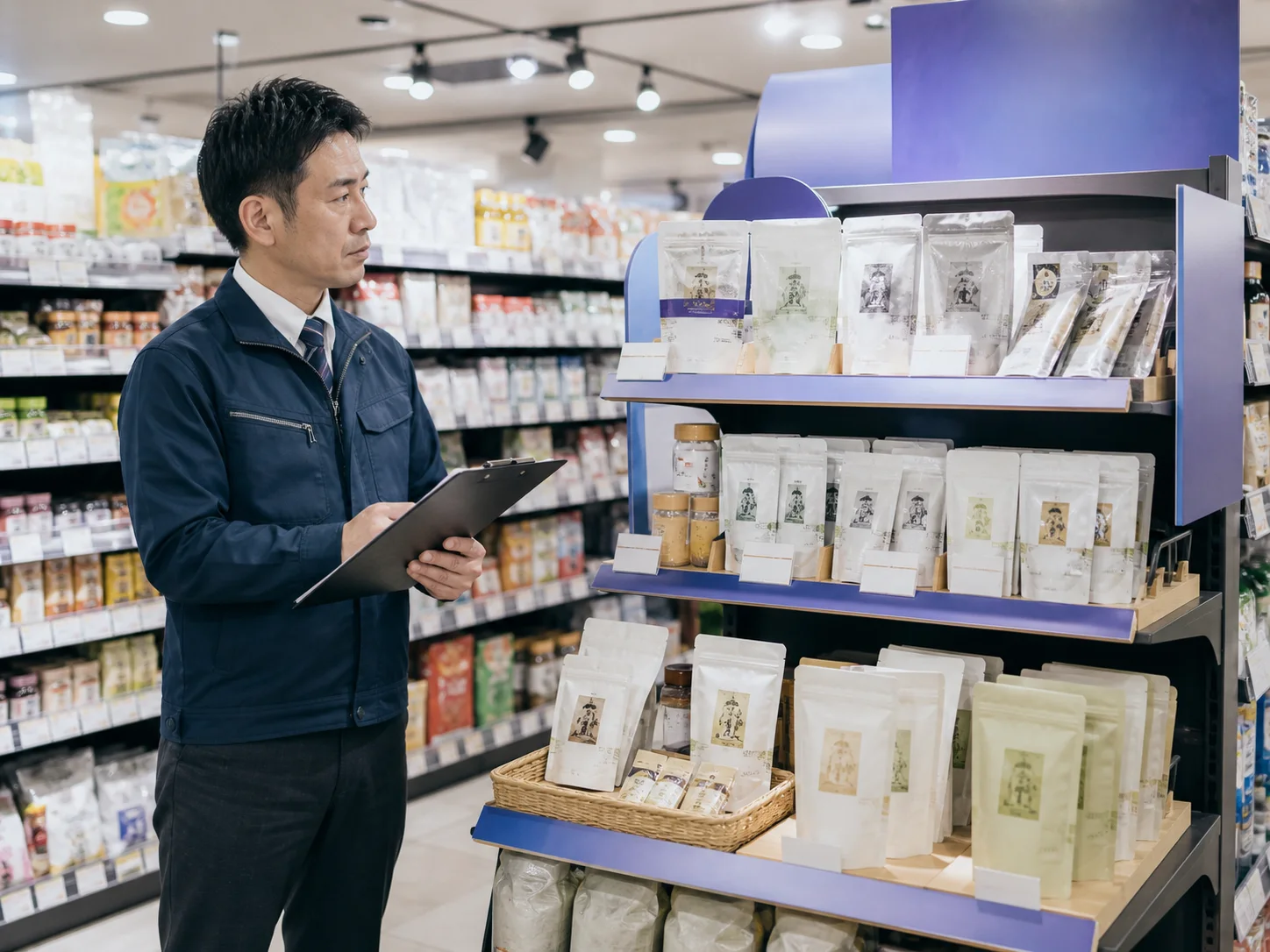 スーパーの売場陳列を確認する店舗担当者